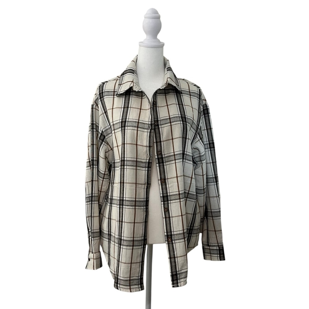 Plaid Button-Up Shirt cream Black Button Up Top SZ M NWOT